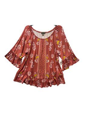 Style & Co Womens XL Floral Bell Sleeve Knit Top Runway Red Ruffle Hem